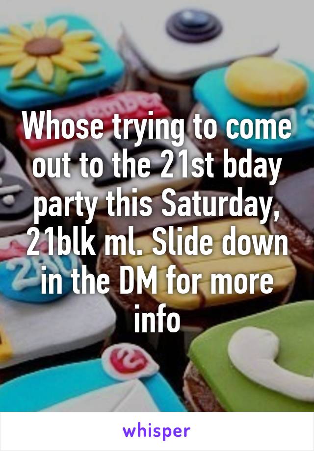 Whose trying to come out to the 21st bday party this Saturday, 21blk ml. Slide down in the DM for more info