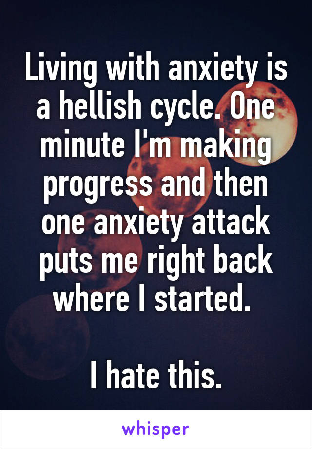 Living with anxiety is a hellish cycle. One minute I'm making progress and then one anxiety attack puts me right back where I started. 

I hate this.