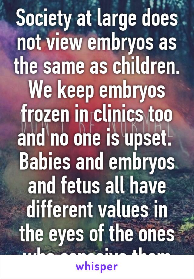 Society at large does not view embryos as the same as children. We keep embryos frozen in clinics too and no one is upset.  Babies and embryos and fetus all have different values in the eyes of the ones who conceive them