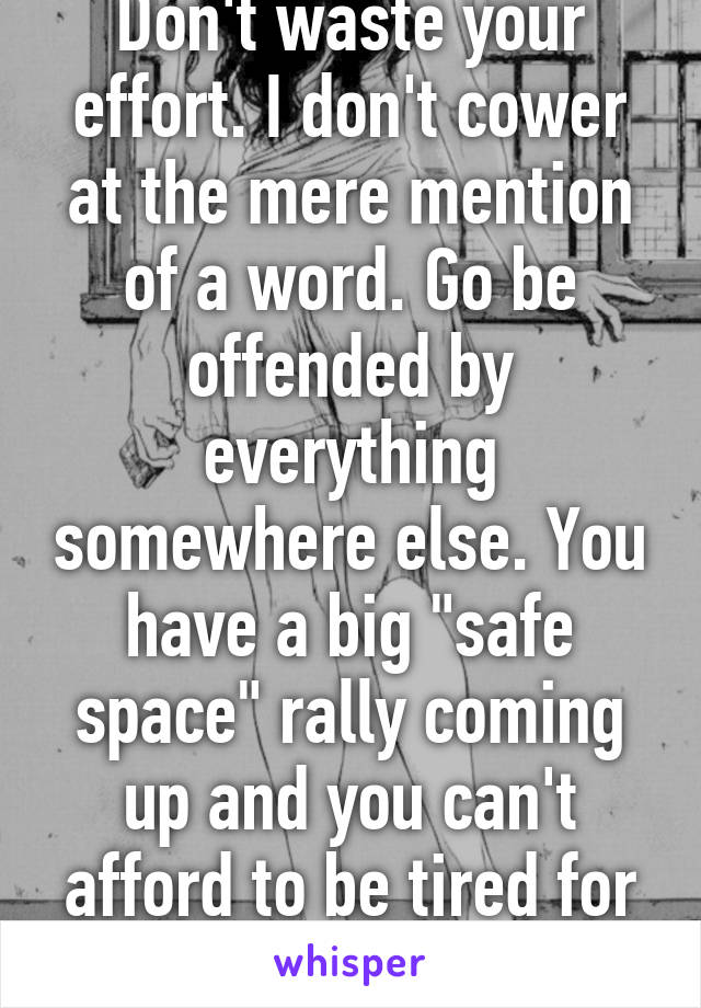 Don't waste your effort. I don't cower at the mere mention of a word. Go be offended by everything somewhere else. You have a big "safe space" rally coming up and you can't afford to be tired for it.