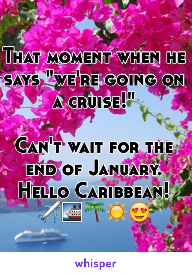 That moment when he  
says "we're going on a cruise!" 

Can't wait for the end of January. 
Hello Caribbean! 
✈️🚢🌴☀️😍