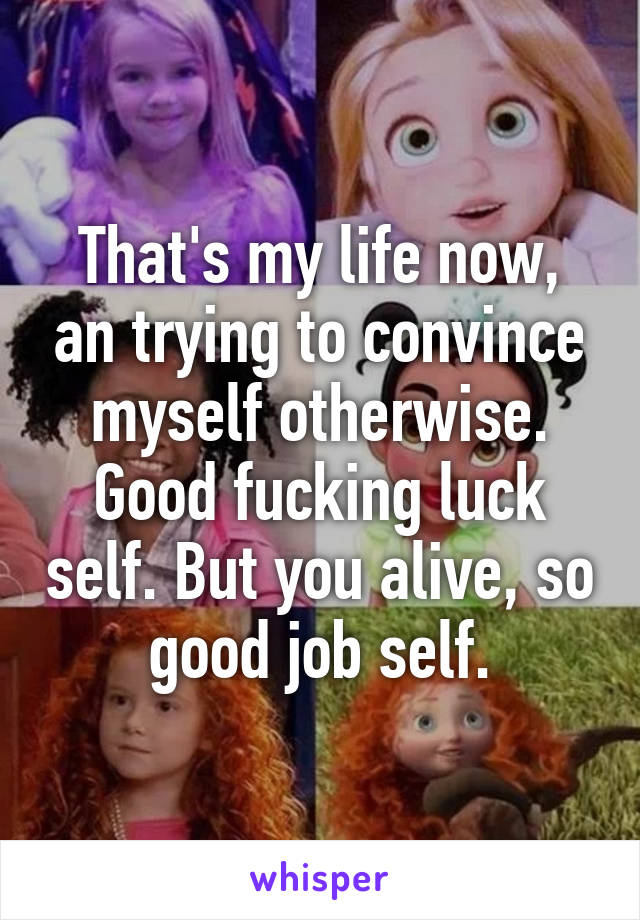 That's my life now, an trying to convince myself otherwise. Good fucking luck self. But you alive, so good job self.