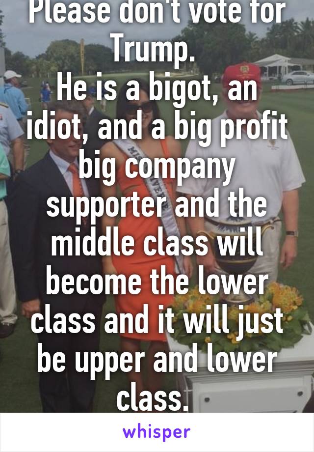 Please don't vote for Trump. 
He is a bigot, an idiot, and a big profit big company supporter and the middle class will become the lower class and it will just be upper and lower class. 
But we will..