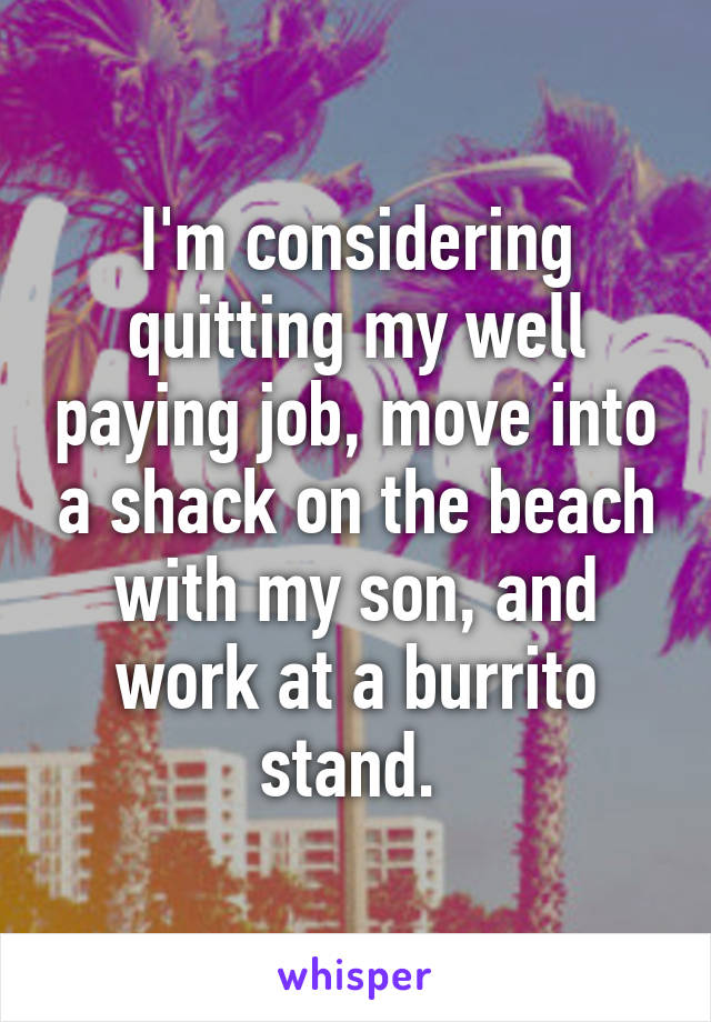 I'm considering quitting my well paying job, move into a shack on the beach with my son, and work at a burrito stand. 