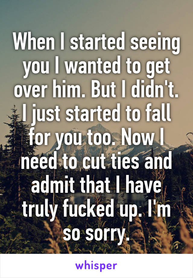 When I started seeing you I wanted to get over him. But I didn't. I just started to fall for you too. Now I need to cut ties and admit that I have truly fucked up. I'm so sorry.