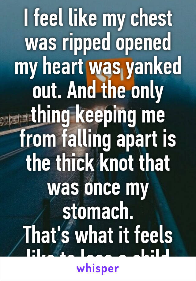 I feel like my chest was ripped opened my heart was yanked out. And the only thing keeping me from falling apart is the thick knot that was once my stomach.
That's what it feels like to lose a child