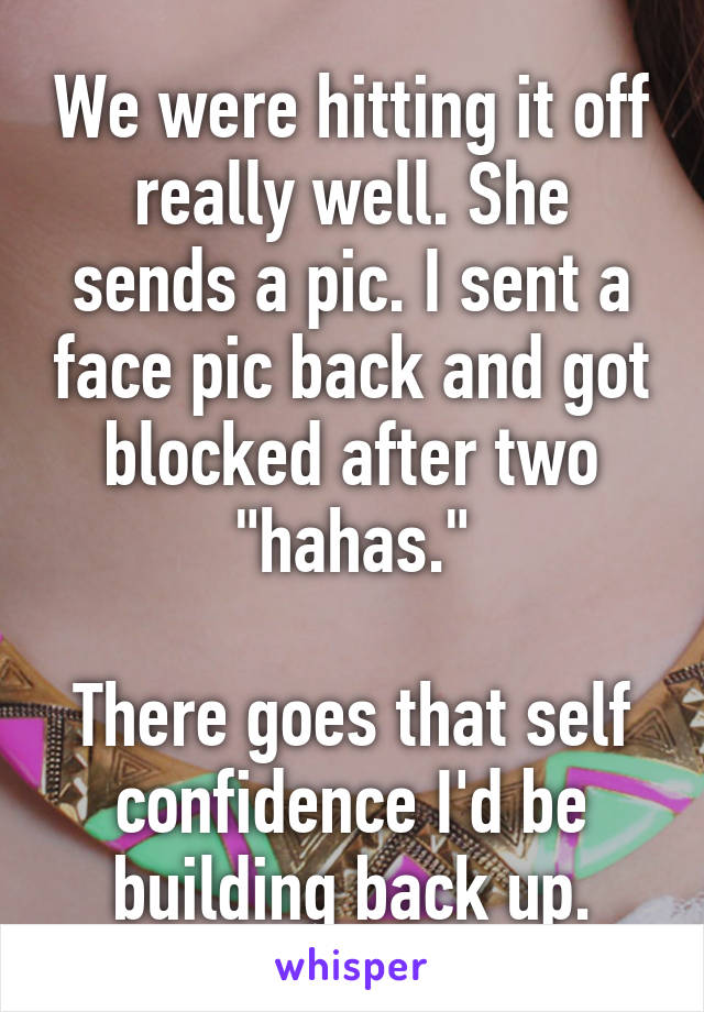 We were hitting it off really well. She sends a pic. I sent a face pic back and got blocked after two "hahas."

There goes that self confidence I'd be building back up.