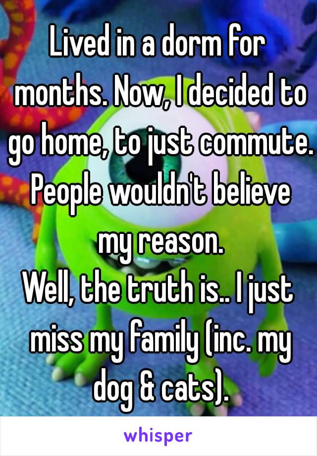 Lived in a dorm for months. Now, I decided to go home, to just commute. People wouldn't believe my reason.
Well, the truth is.. I just miss my family (inc. my dog & cats).