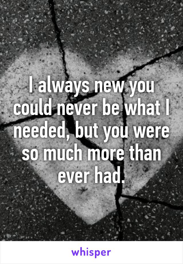 I always new you could never be what I needed, but you were so much more than ever had.