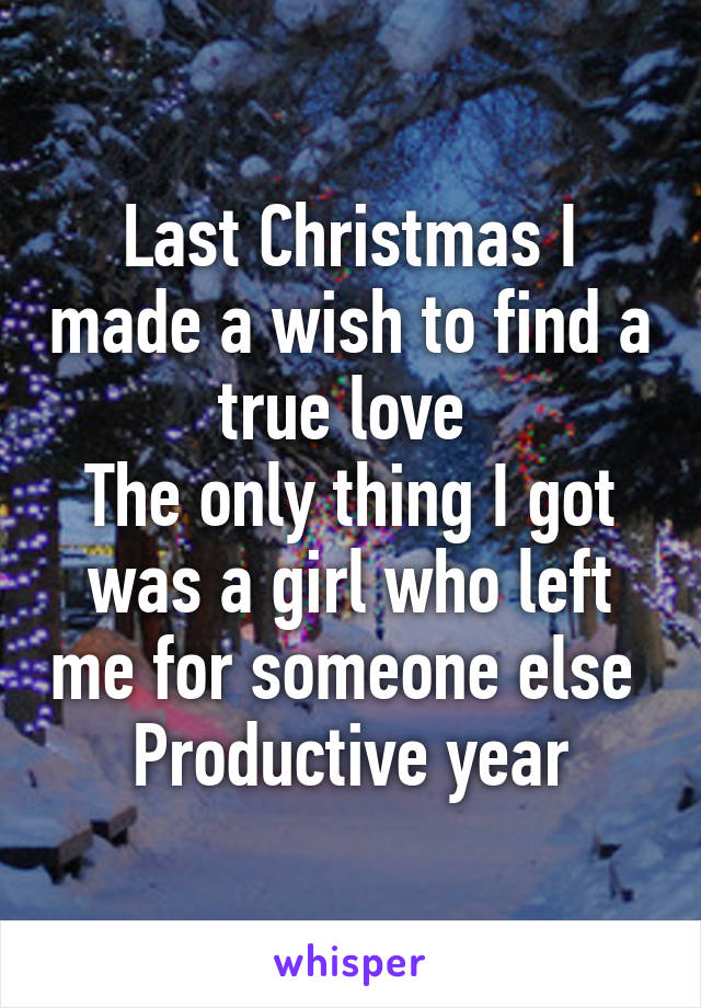 Last Christmas I made a wish to find a true love 
The only thing I got was a girl who left me for someone else 
Productive year