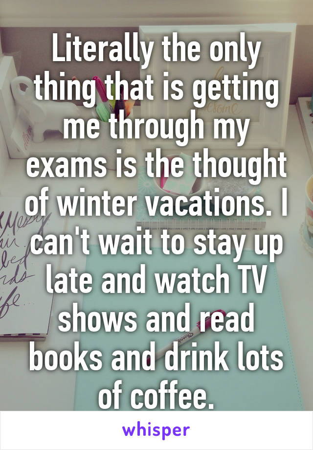 Literally the only thing that is getting me through my exams is the thought of winter vacations. I can't wait to stay up late and watch TV shows and read books and drink lots of coffee.