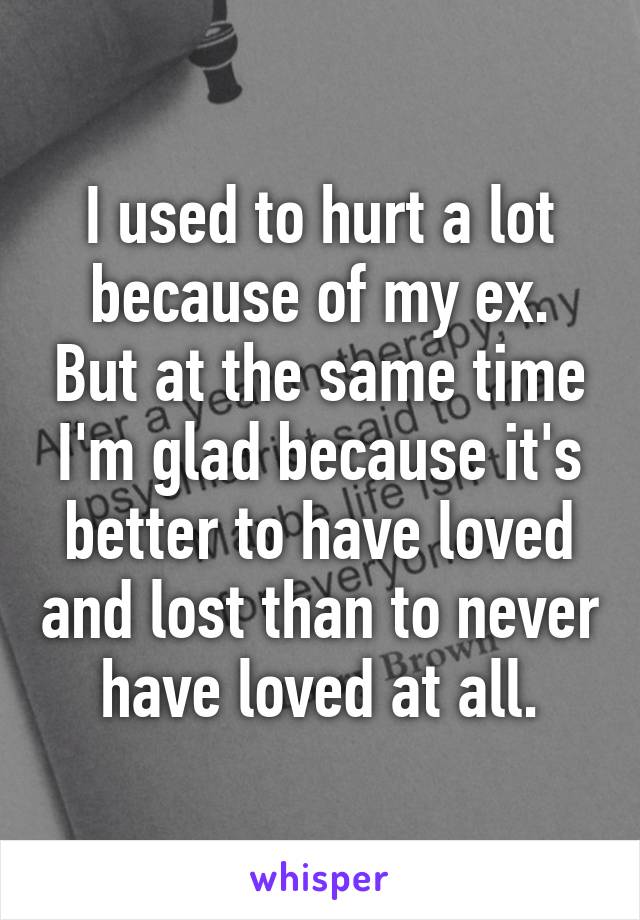 I used to hurt a lot because of my ex. But at the same time I'm glad because it's better to have loved and lost than to never have loved at all.