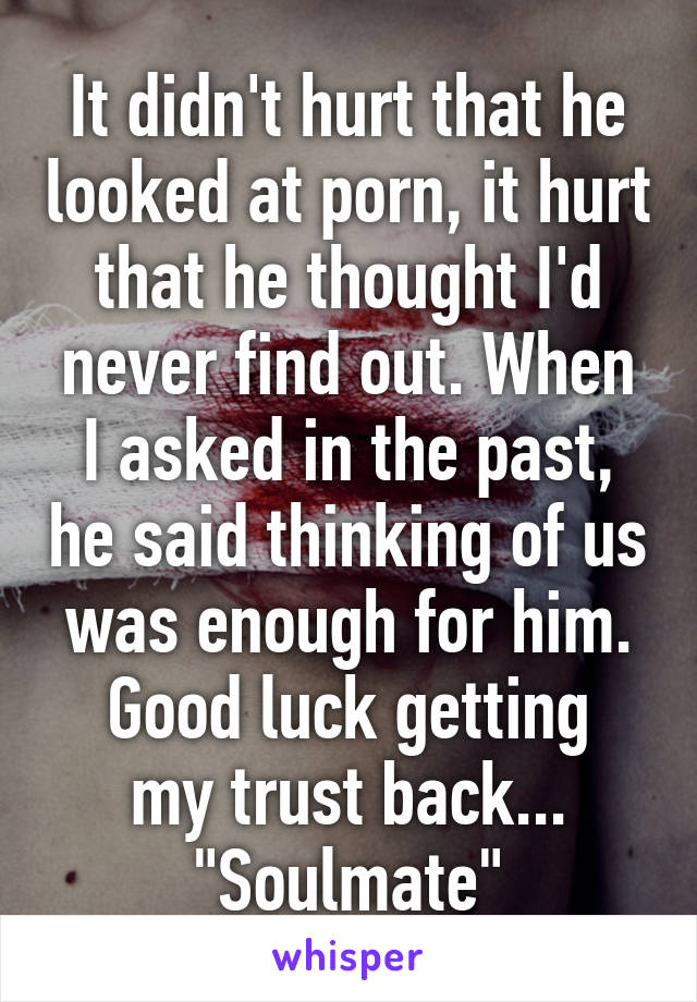 It didn't hurt that he looked at porn, it hurt that he thought I'd never find out. When I asked in the past, he said thinking of us was enough for him.
Good luck getting my trust back...
"Soulmate"