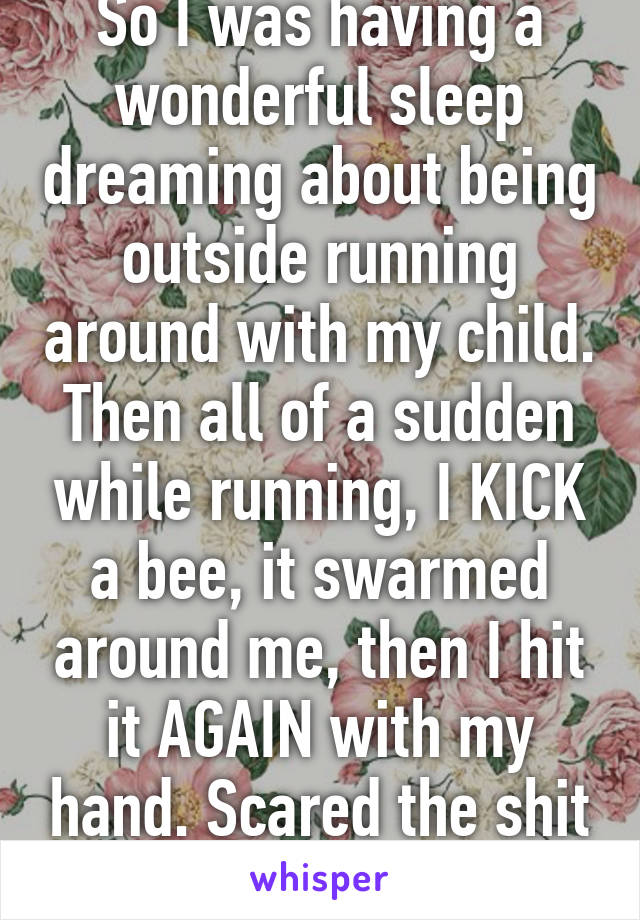 So I was having a wonderful sleep dreaming about being outside running around with my child. Then all of a sudden while running, I KICK a bee, it swarmed around me, then I hit it AGAIN with my hand. Scared the shit out of me lol