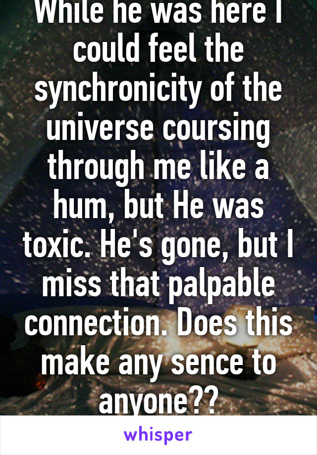 While he was here I could feel the synchronicity of the universe coursing through me like a hum, but He was toxic. He's gone, but I miss that palpable connection. Does this make any sence to anyone??
