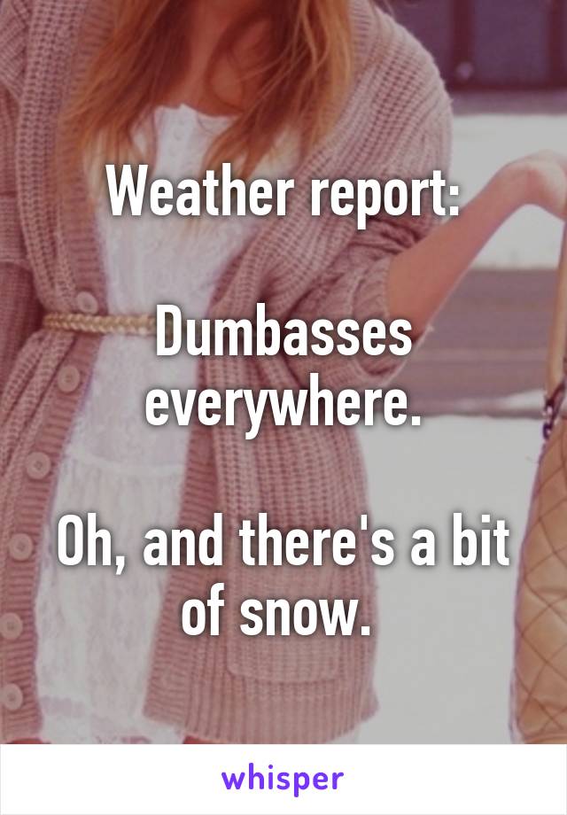 Weather report:

Dumbasses everywhere.

Oh, and there's a bit of snow. 