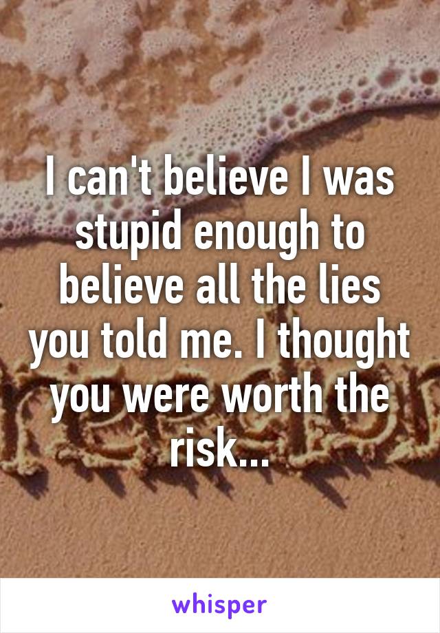 I can't believe I was stupid enough to believe all the lies you told me. I thought you were worth the risk...