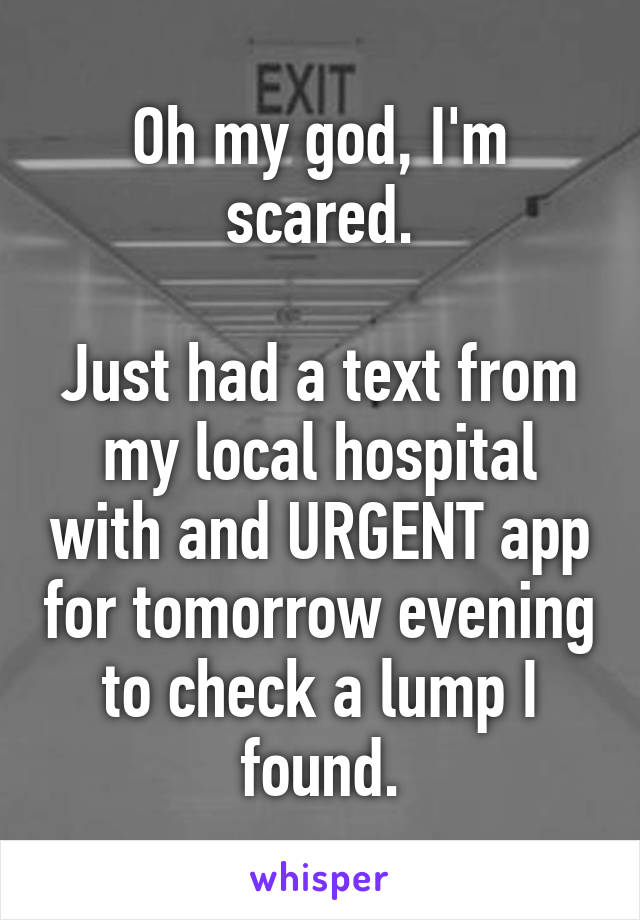 Oh my god, I'm scared.

Just had a text from my local hospital with and URGENT app for tomorrow evening to check a lump I found.