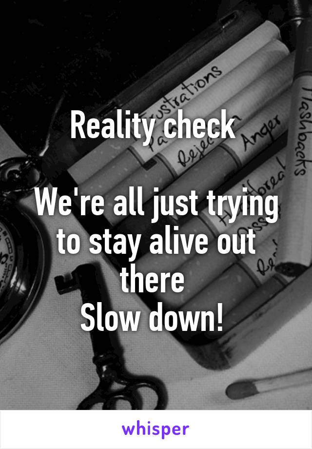 Reality check 

We're all just trying to stay alive out there 
Slow down! 