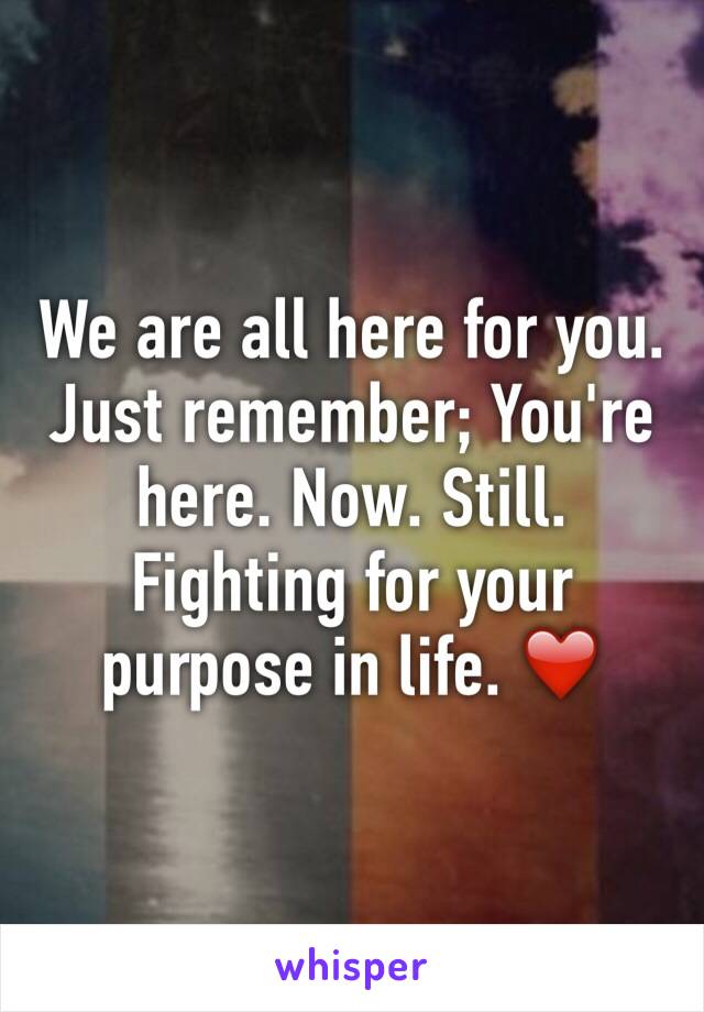 We are all here for you. Just remember; You're here. Now. Still. Fighting for your purpose in life. ❤️