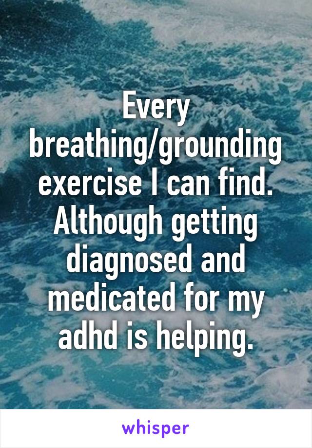 Every breathing/grounding exercise I can find. Although getting diagnosed and medicated for my adhd is helping.