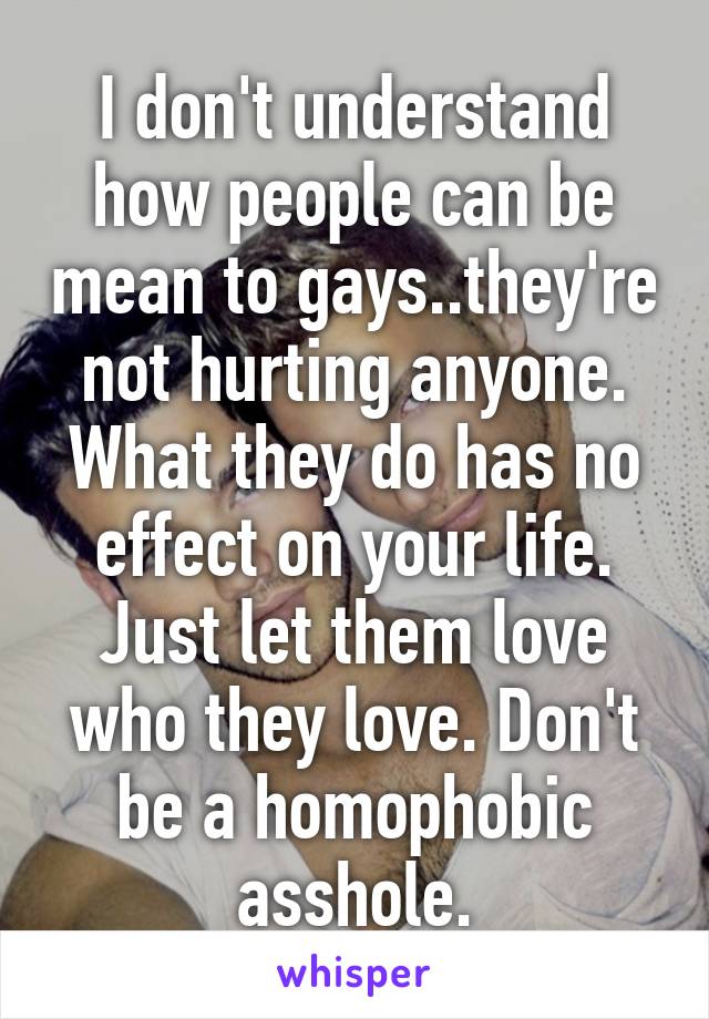 I don't understand how people can be mean to gays..they're not hurting anyone. What they do has no effect on your life. Just let them love who they love. Don't be a homophobic asshole.