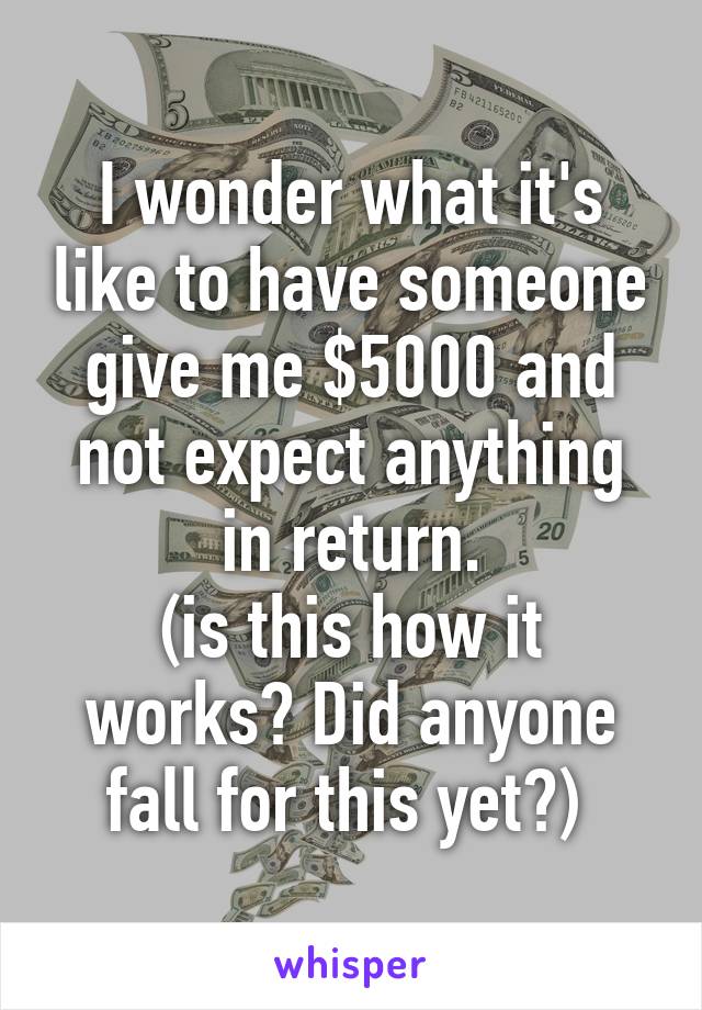 I wonder what it's like to have someone give me $5000 and not expect anything in return.
(is this how it works? Did anyone fall for this yet?) 