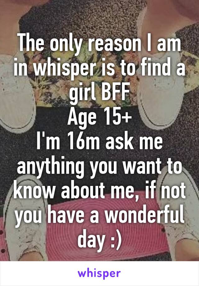 The only reason I am in whisper is to find a girl BFF
Age 15+
I'm 16m ask me anything you want to know about me, if not you have a wonderful day :)