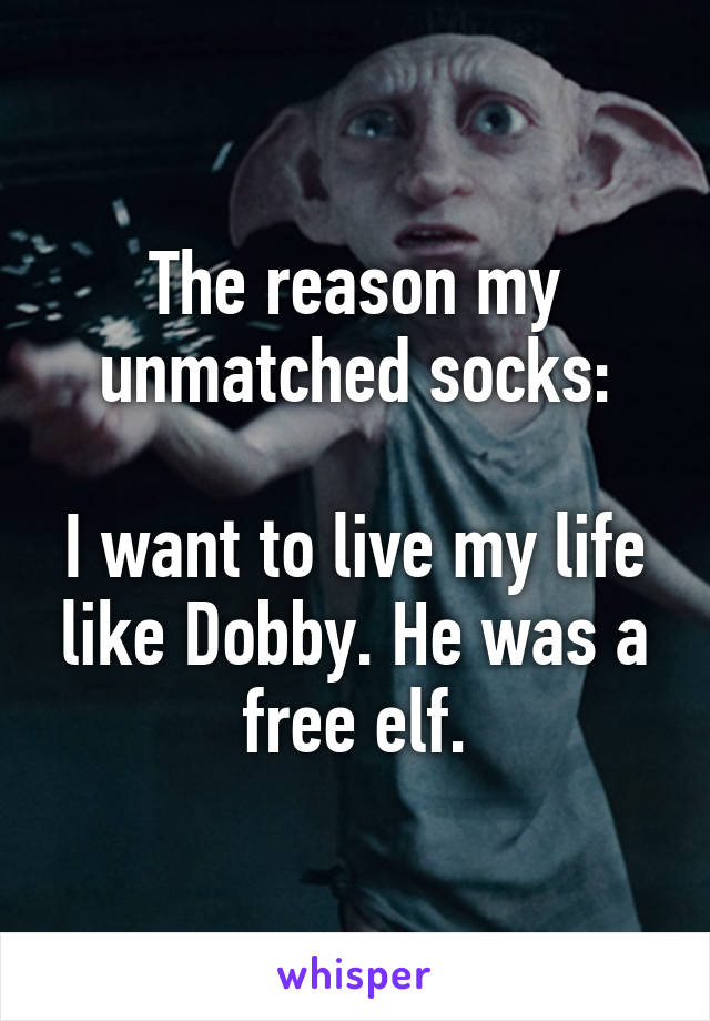 The reason my unmatched socks:

I want to live my life like Dobby. He was a free elf.