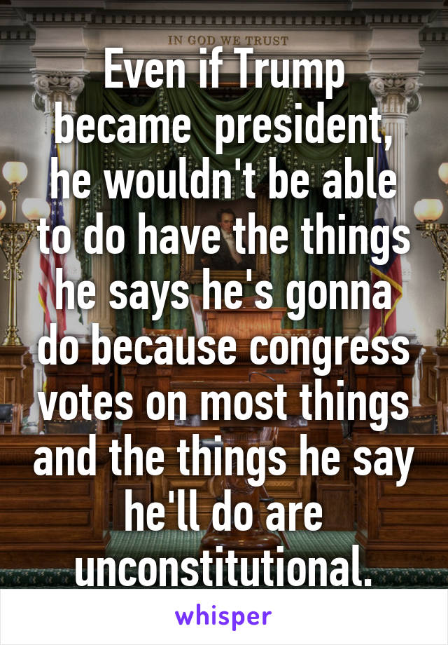 Even if Trump became  president, he wouldn't be able to do have the things he says he's gonna do because congress votes on most things and the things he say he'll do are unconstitutional.