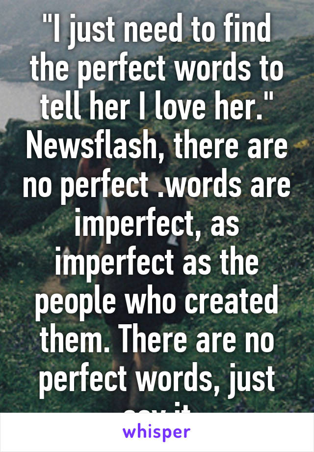 "I just need to find the perfect words to tell her I love her." Newsflash, there are no perfect .words are imperfect, as imperfect as the people who created them. There are no perfect words, just say it