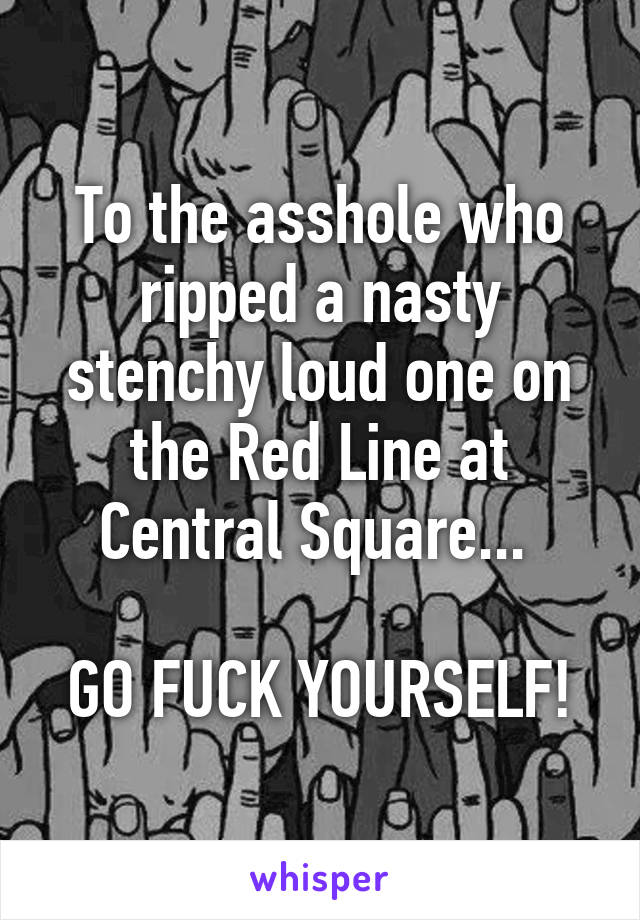 To the asshole who ripped a nasty stenchy loud one on the Red Line at Central Square... 

GO FUCK YOURSELF!