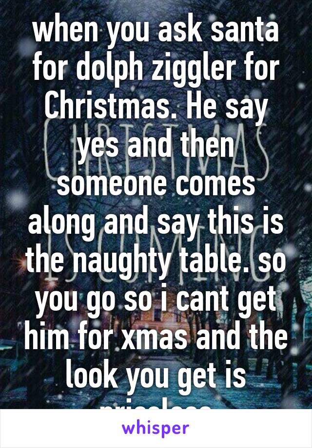 when you ask santa for dolph ziggler for Christmas. He say yes and then someone comes along and say this is the naughty table. so you go so i cant get him for xmas and the look you get is priceless