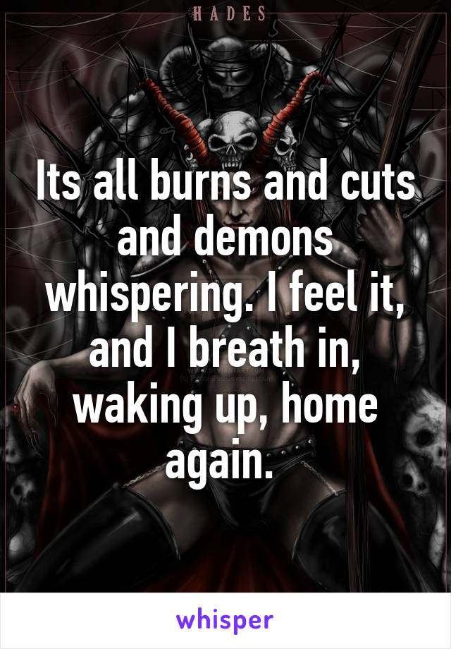 Its all burns and cuts and demons whispering. I feel it, and I breath in, waking up, home again. 