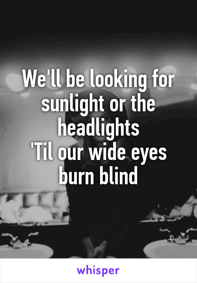 We'll be looking for sunlight or the headlights
'Til our wide eyes burn blind
