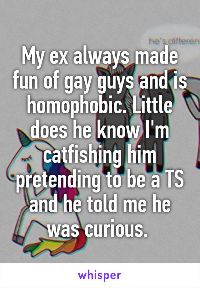 My ex always made fun of gay guys and is homophobic. Little does he know I'm catfishing him pretending to be a TS and he told me he was curious. 