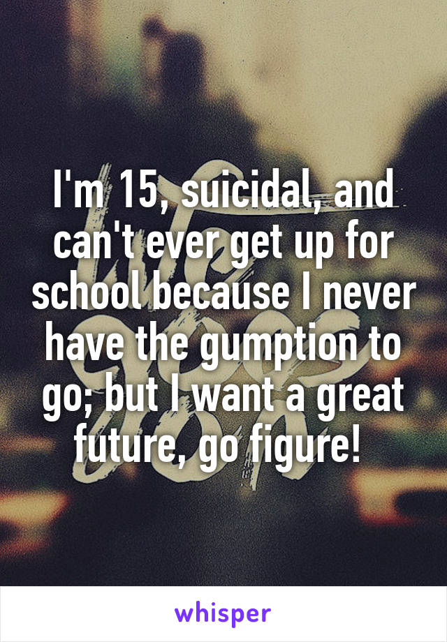 I'm 15, suicidal, and can't ever get up for school because I never have the gumption to go; but I want a great future, go figure! 