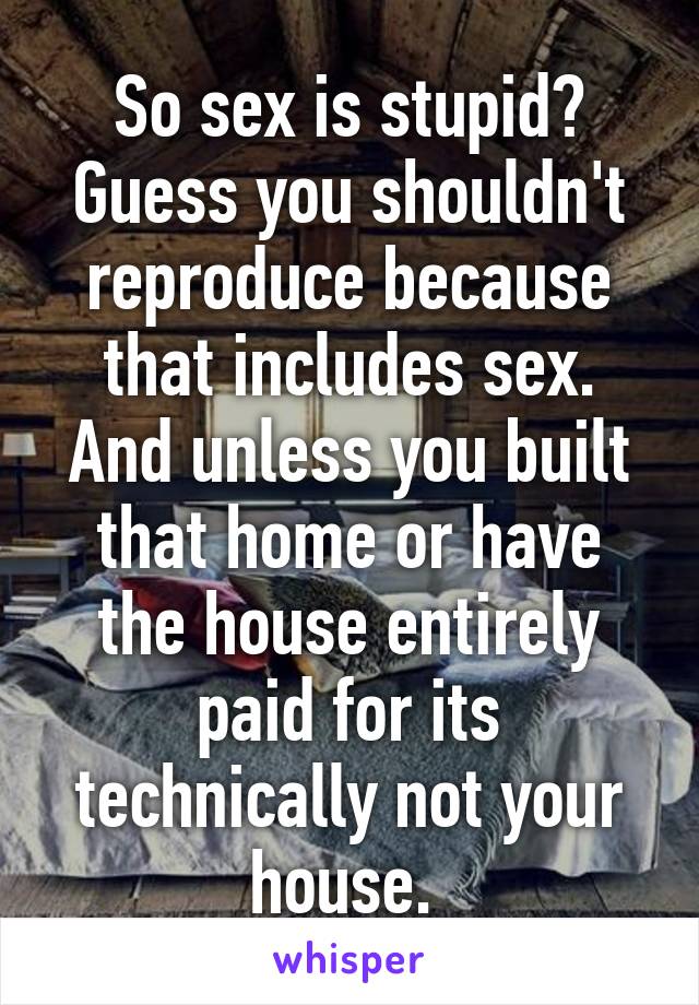 So sex is stupid? Guess you shouldn't reproduce because that includes sex. And unless you built that home or have the house entirely paid for its technically not your house. 