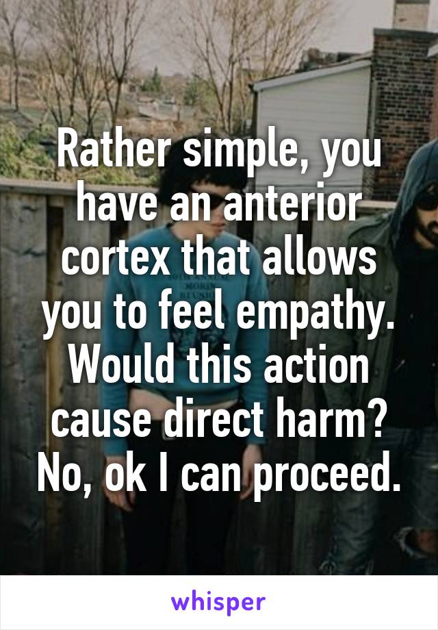 Rather simple, you have an anterior cortex that allows you to feel empathy. Would this action cause direct harm? No, ok I can proceed.