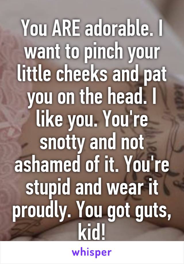 You ARE adorable. I want to pinch your little cheeks and pat you on the head. I like you. You're snotty and not ashamed of it. You're stupid and wear it proudly. You got guts, kid!