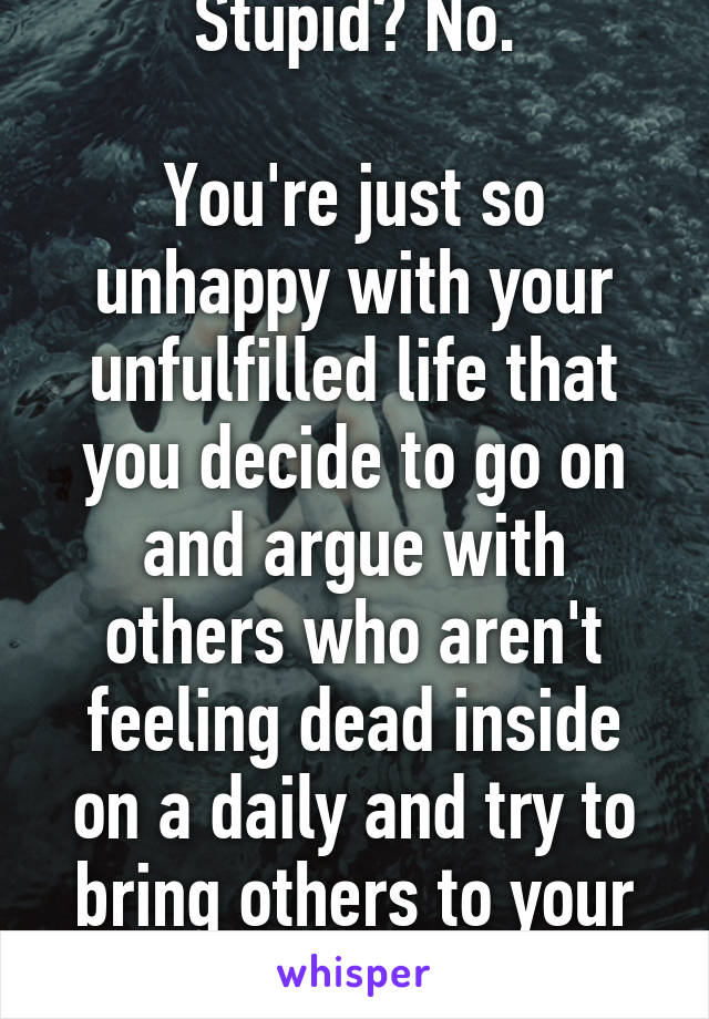 Stupid? No.

You're just so unhappy with your unfulfilled life that you decide to go on and argue with others who aren't feeling dead inside on a daily and try to bring others to your pathetic level.