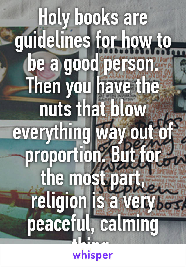 Holy books are guidelines for how to be a good person. Then you have the nuts that blow everything way out of proportion. But for the most part, religion is a very peaceful, calming thing.