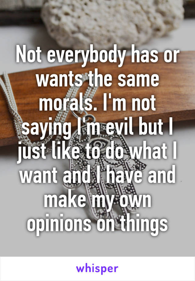 Not everybody has or wants the same morals. I'm not saying I'm evil but I just like to do what I want and I have and make my own opinions on things