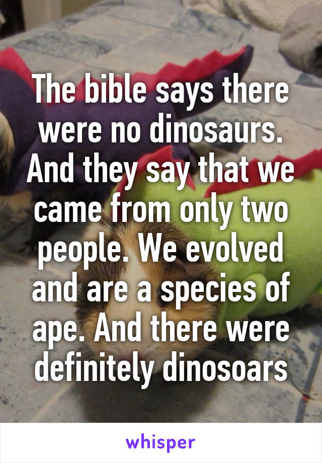 The bible says there were no dinosaurs. And they say that we came from only two people. We evolved and are a species of ape. And there were definitely dinosoars