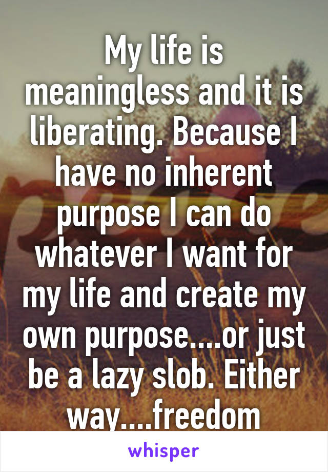 My life is meaningless and it is liberating. Because I have no inherent purpose I can do whatever I want for my life and create my own purpose....or just be a lazy slob. Either way....freedom