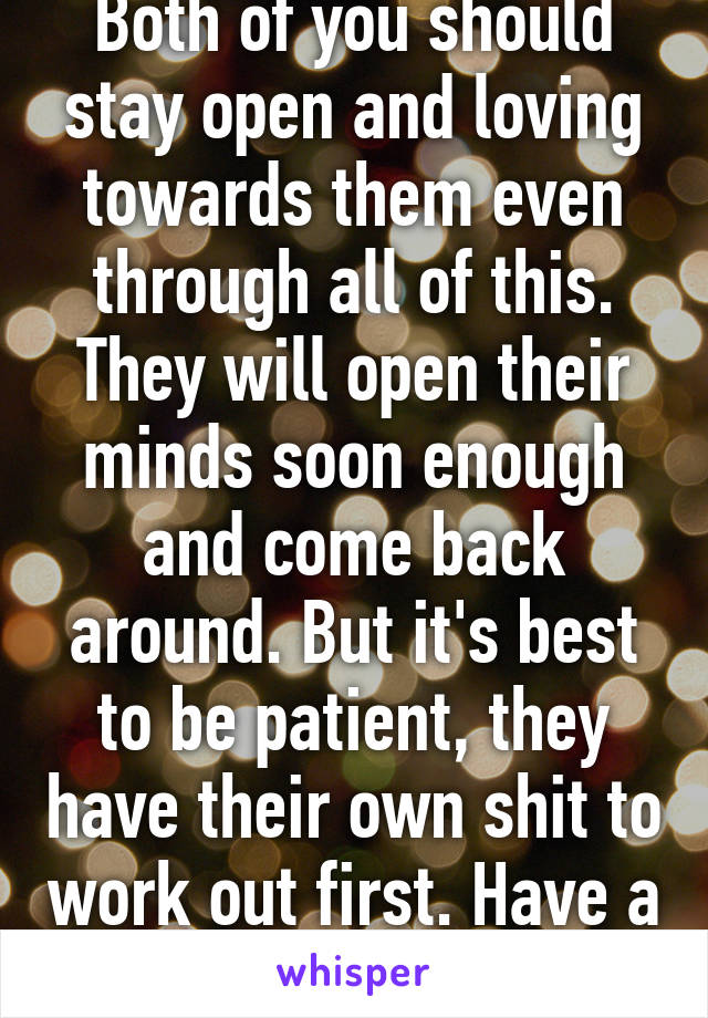 Both of you should stay open and loving towards them even through all of this. They will open their minds soon enough and come back around. But it's best to be patient, they have their own shit to work out first. Have a beautiful Christmas!