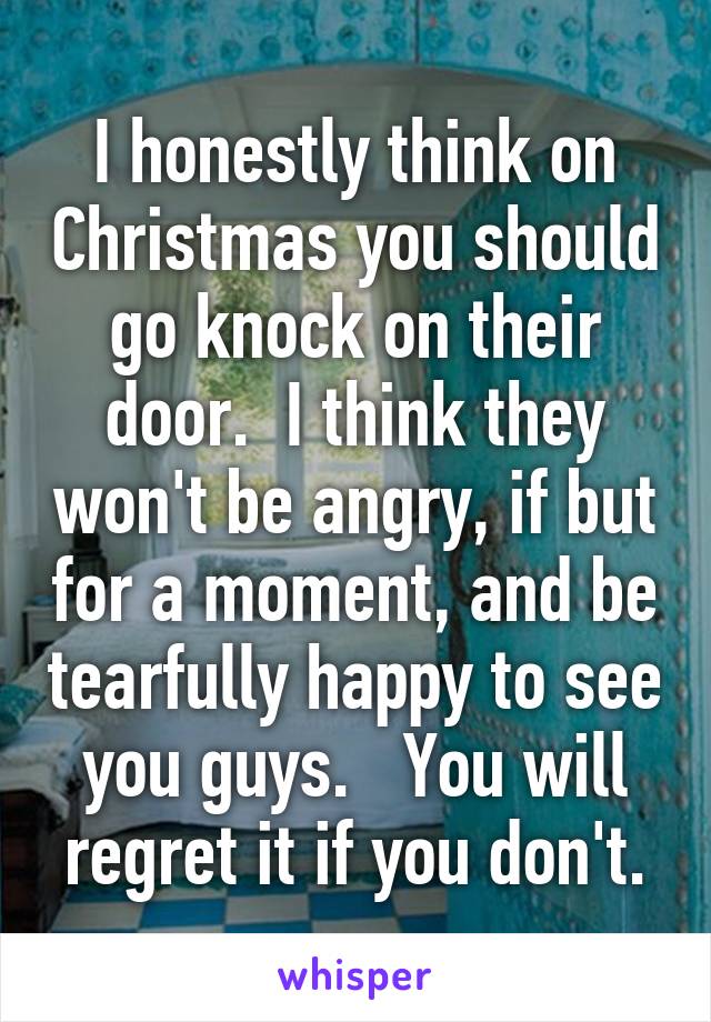 I honestly think on Christmas you should go knock on their door.  I think they won't be angry, if but for a moment, and be tearfully happy to see you guys.   You will regret it if you don't.