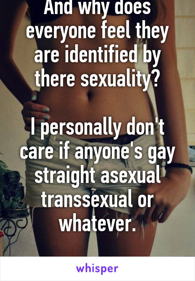 What is a sexual? And why does everyone feel they are identified by there sexuality?

I personally don't care if anyone's gay straight asexual transsexual or whatever.

If you're nice you are nice!