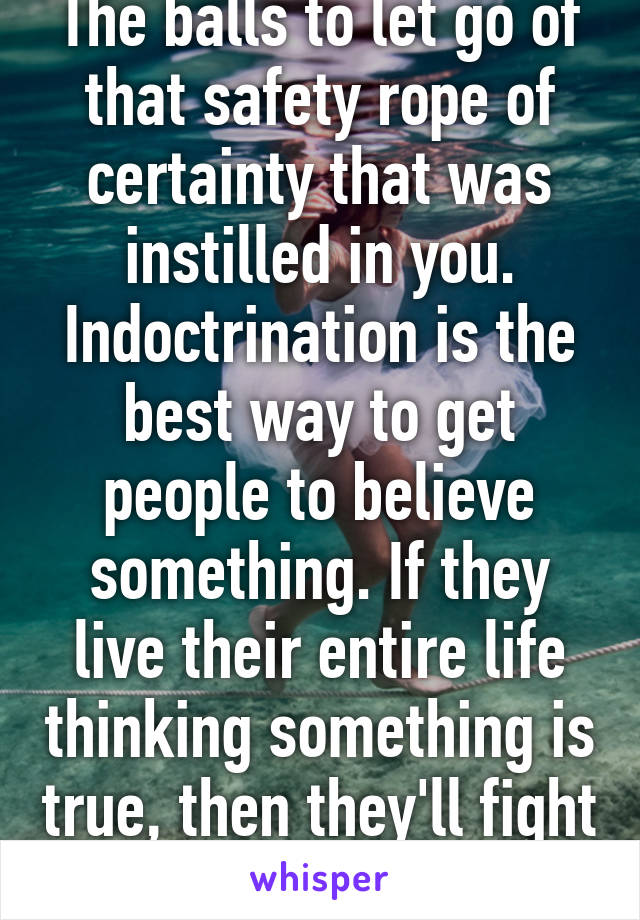 The balls to let go of that safety rope of certainty that was instilled in you. Indoctrination is the best way to get people to believe something. If they live their entire life thinking something is true, then they'll fight hard when you...