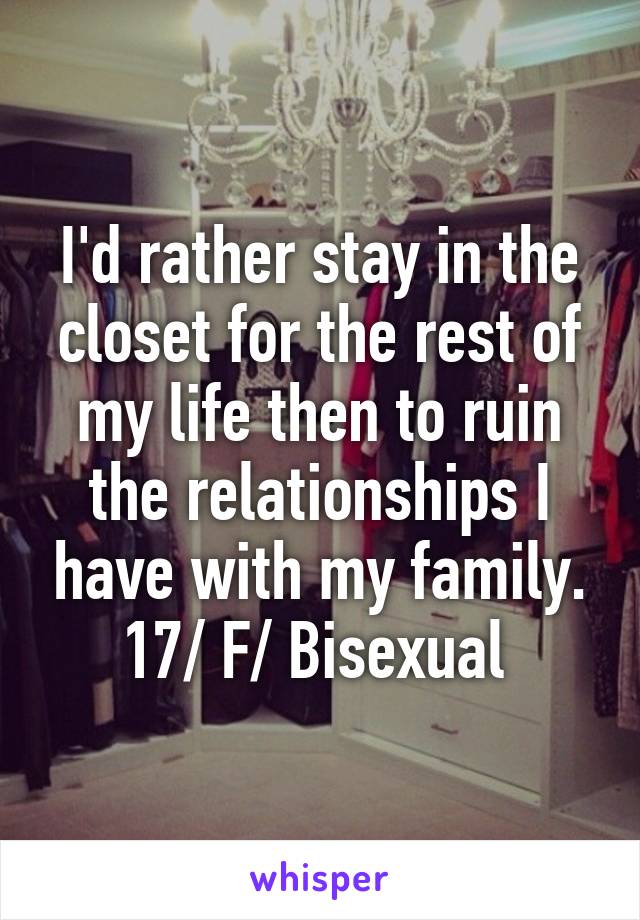 I'd rather stay in the closet for the rest of my life then to ruin the relationships I have with my family.
17/ F/ Bisexual 